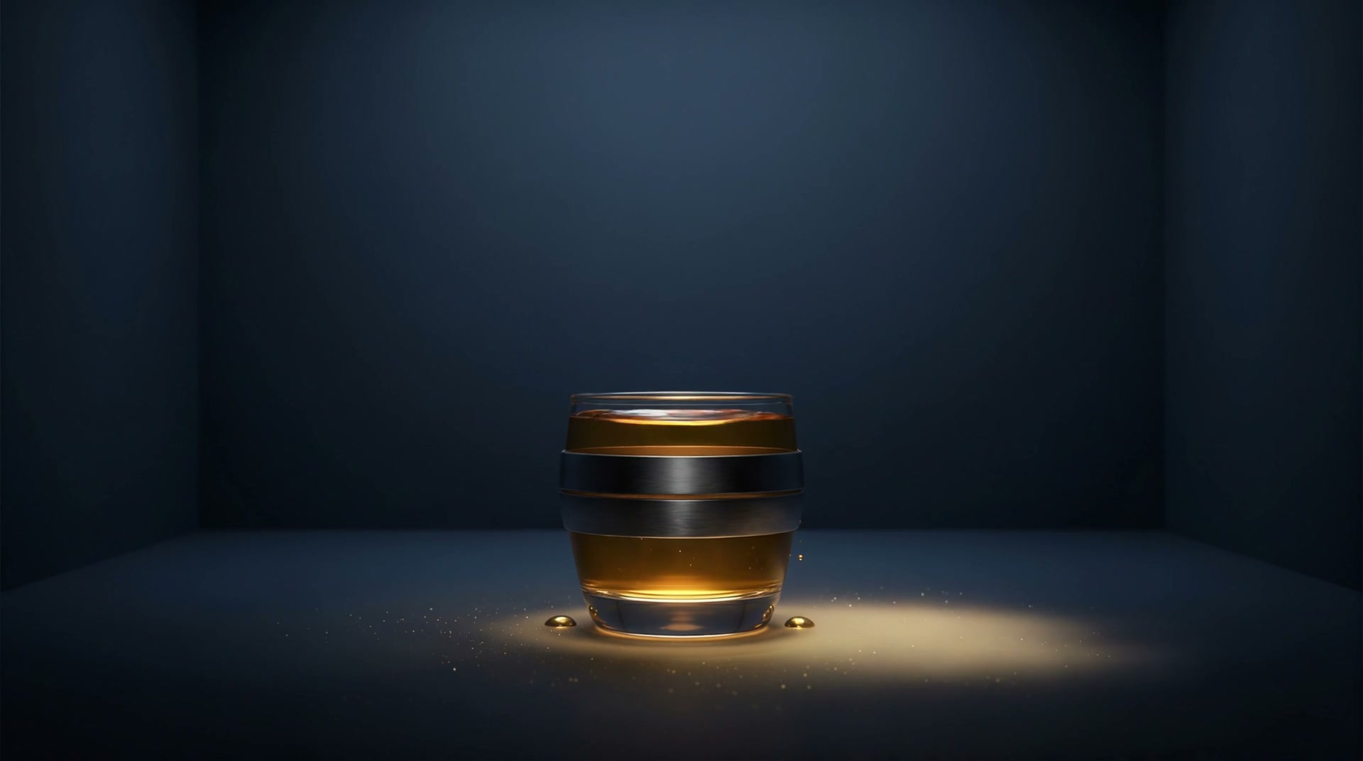 A glass filled to the brim with gold, resting in a pool of warm light in a dark blue room
